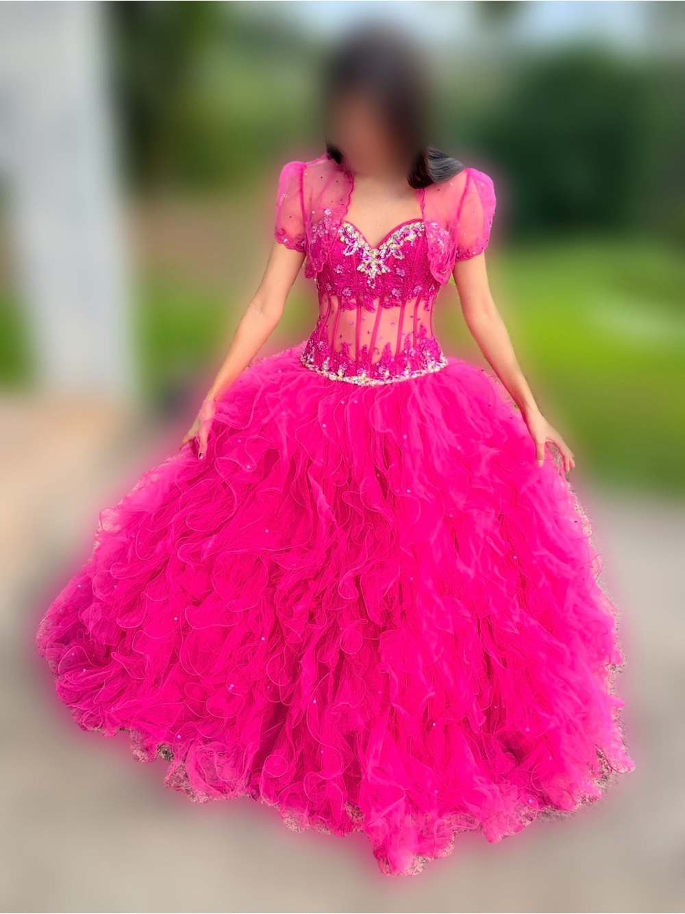 Hot Pink Ball Gown Dress with Sheer Beaded Corset